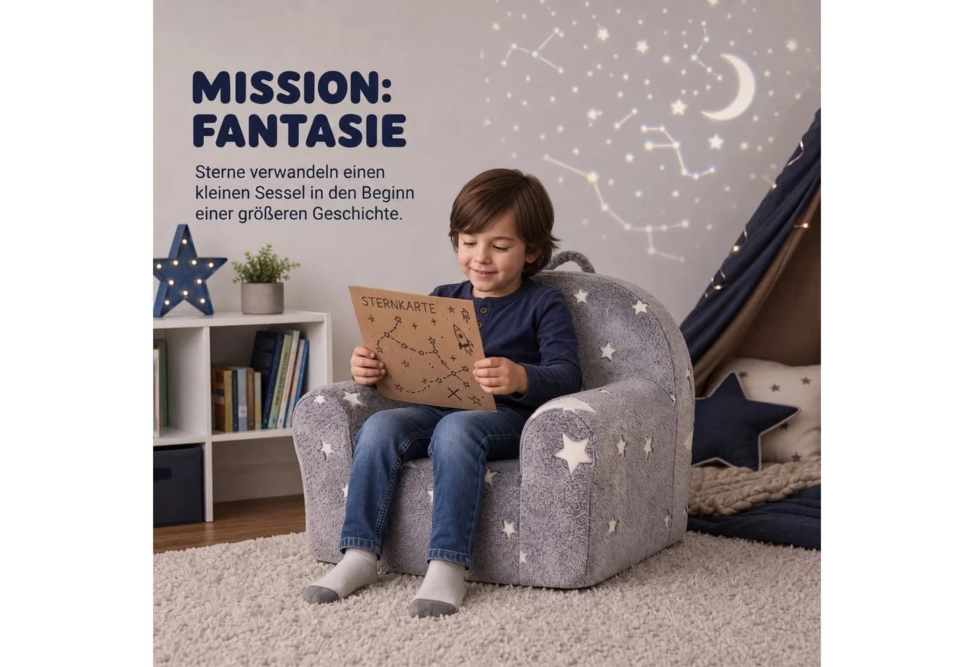 Jiexi Kindersessel Grau mit leuchtenden Sternen und Lamm-Fleece Bezug - Bild 5