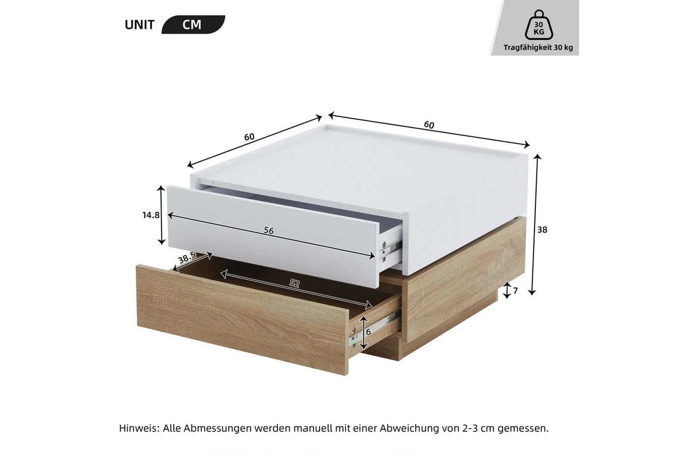 IDEASY Couchtisch mit 360° schwenkbarer Ablage und Schubladen