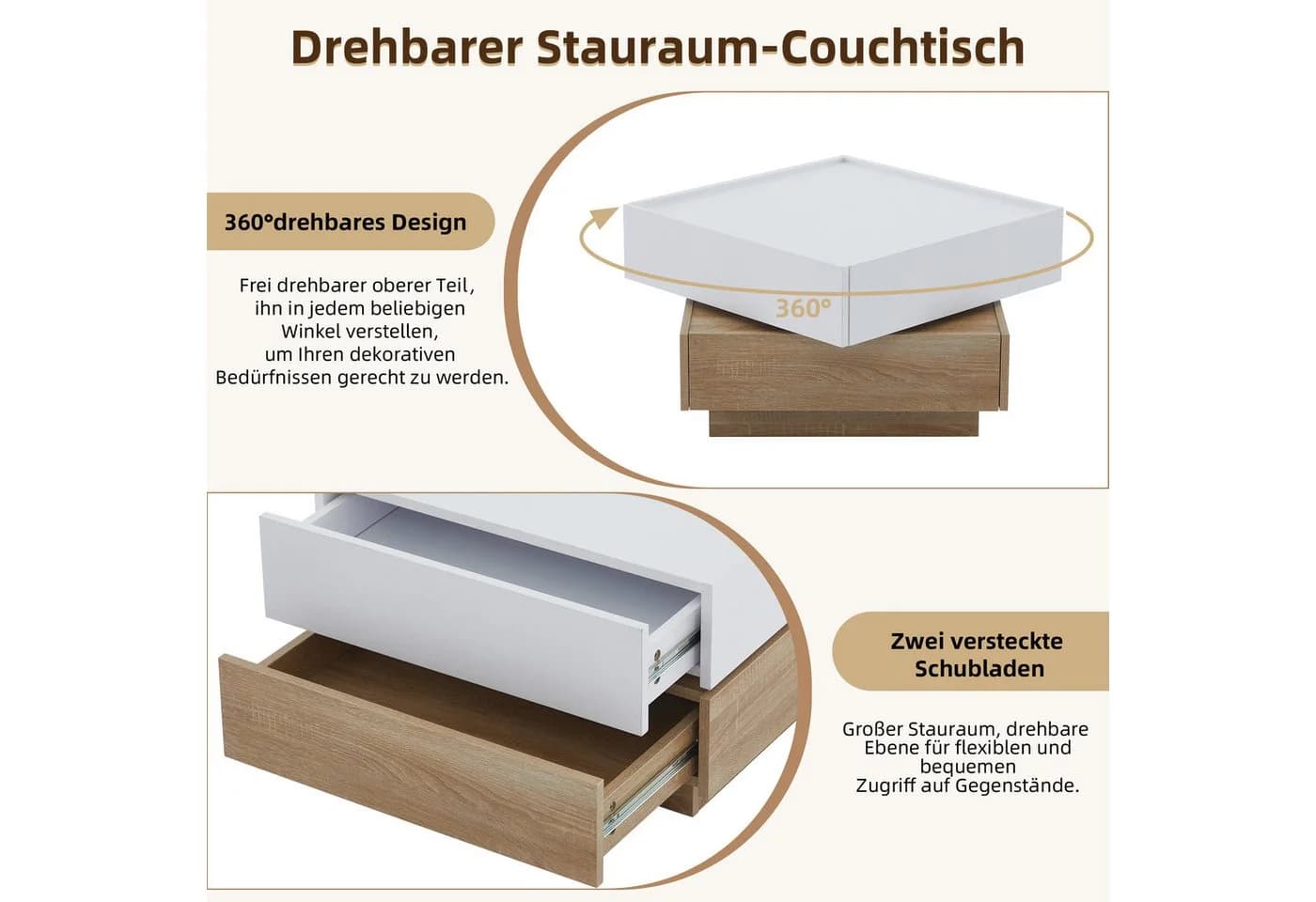 IDEASY Couchtisch mit 360° schwenkbarer Ablage und Schubladen - Bild 3