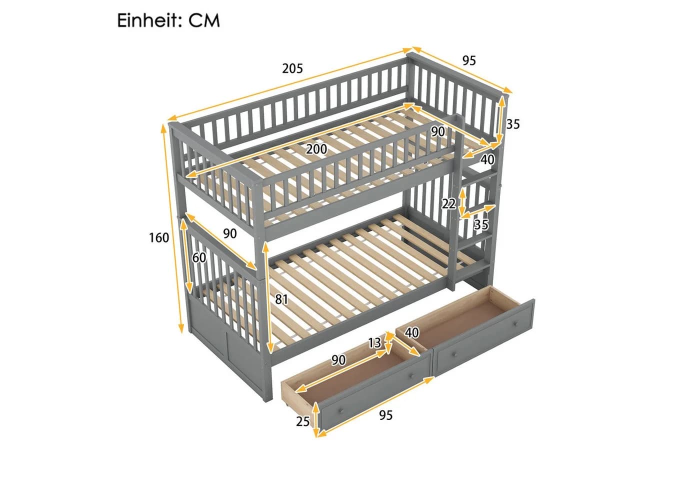 IDEASY Etagenbett mit Schubladen und Treppe Grau