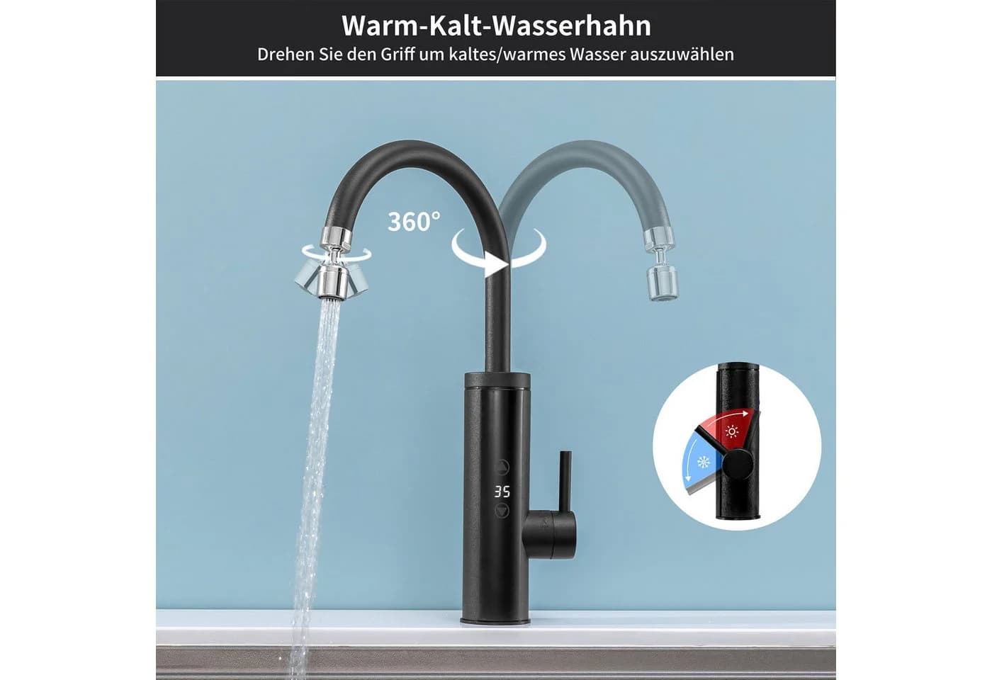 HOMELODY Küchenarmatur mit Durchlauferhitzer Schwarz 360° drehbar