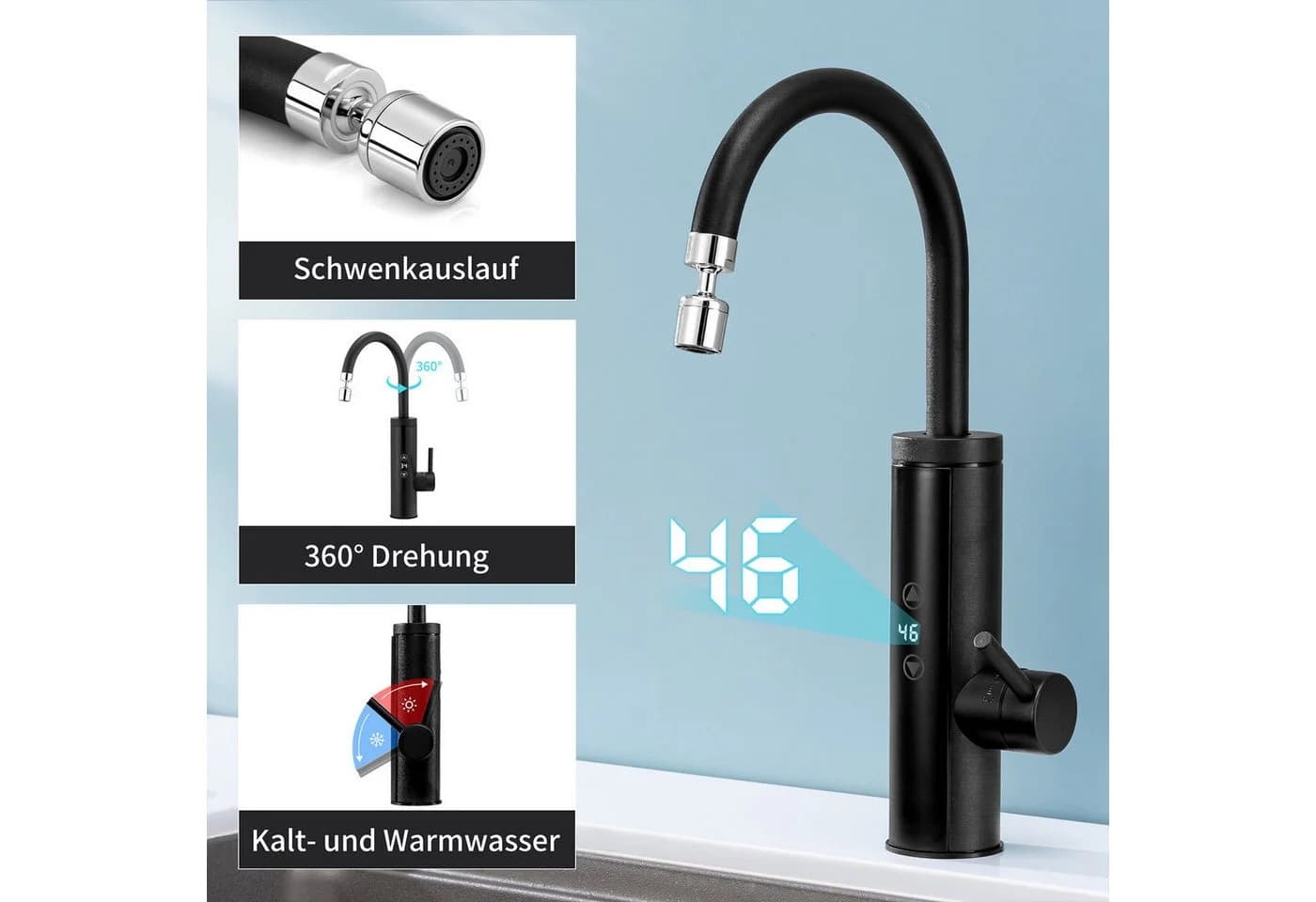 HOMELODY Küchenarmatur mit Durchlauferhitzer Schwarz 360° drehbar - Bild 3