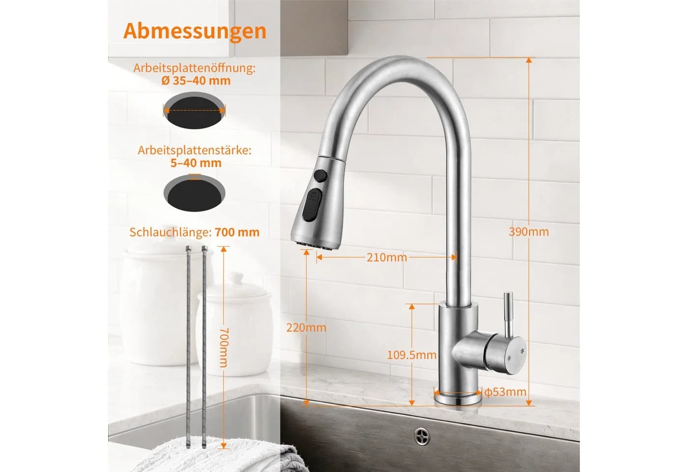 HOMELODY Spültischarmatur Ausziehbar SUS304 Edelstahl Gebürstet - Bild 4