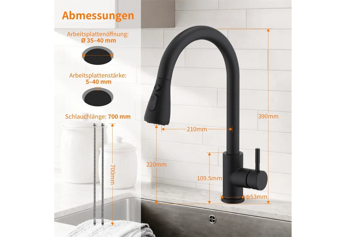 DESFAU Ausziehbare Küchenarmatur Schwarz SUS304 Edelstahl - Bild 4