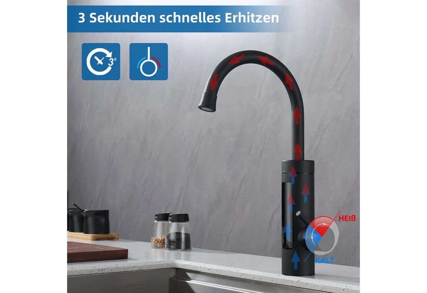 HOMELIVE Küchenarmatur mit Durchlauferhitzer Schwarz 360° drehbar