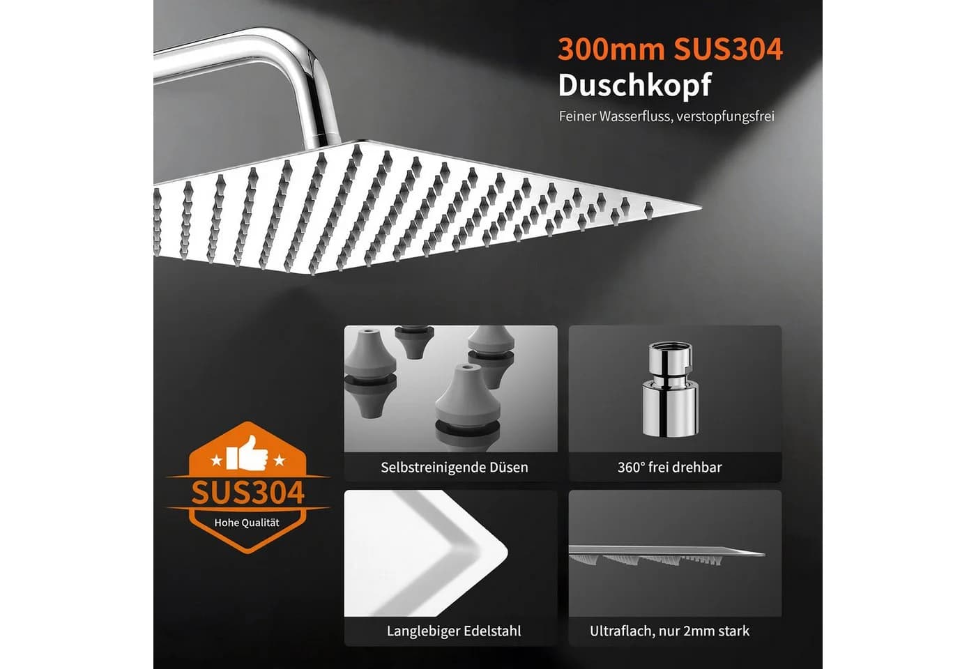 HOMELODY Duschsystem mit 30 cm Regendusche Chrom SUS304 Edelstahl - Bild 4