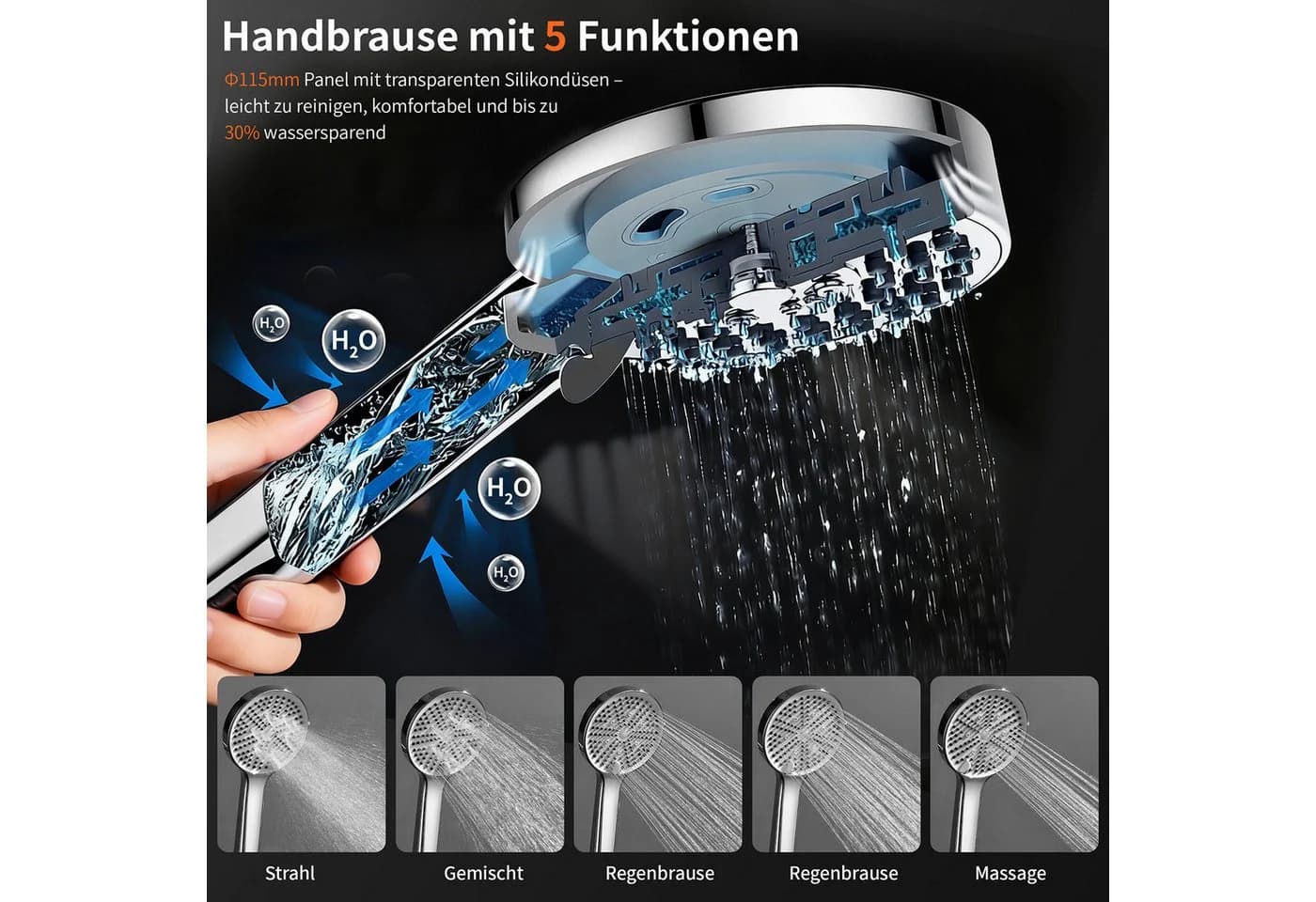 HOMELODY Duschsystem mit 30 cm Regendusche Chrom SUS304 Edelstahl - Bild 5