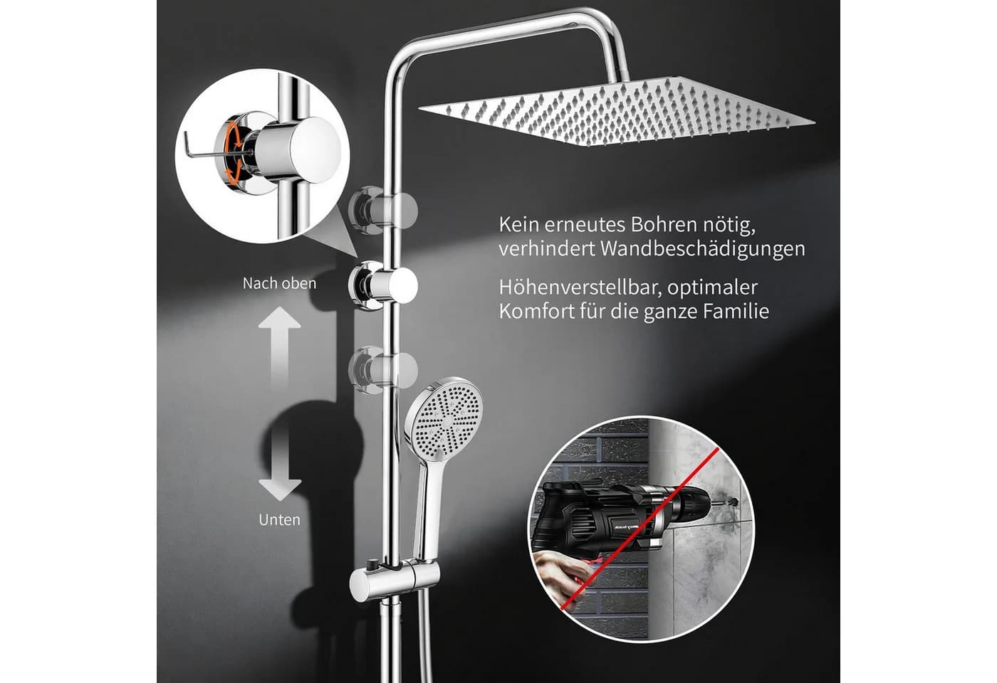HOMELODY Duschsystem mit 30 cm Regendusche, Chrom, höhenverstellbar - Bild 3