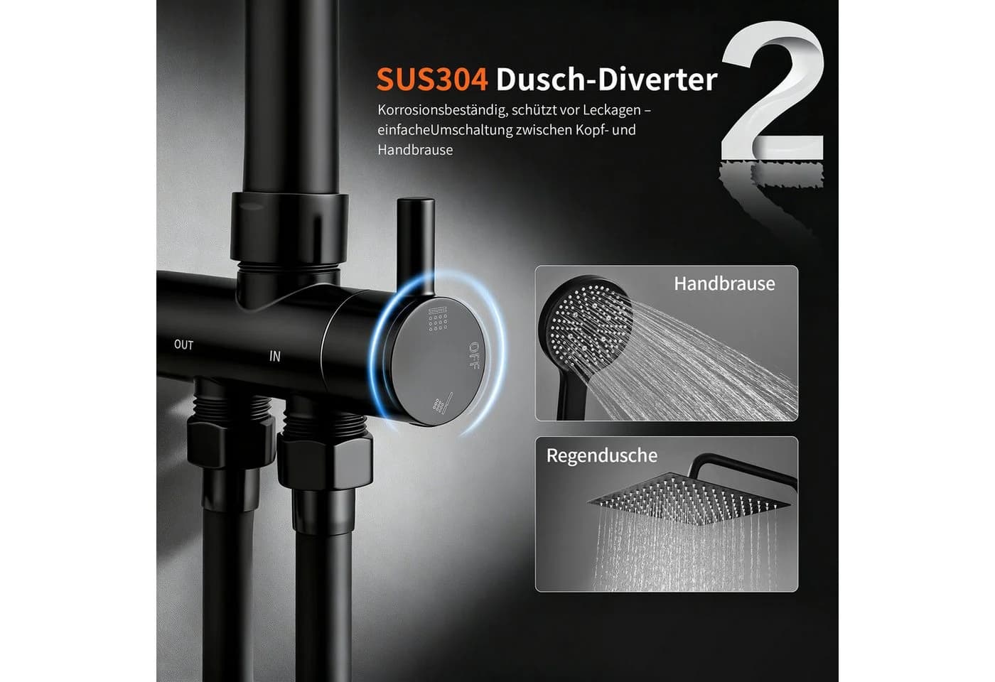 HOMELODY Duschsystem Schwarz mit 30 cm Regendusche und Ablage - Bild 3