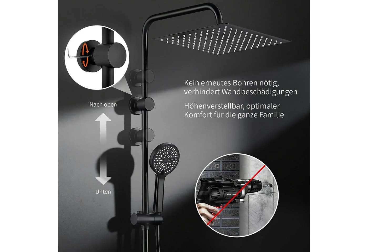 HOMELODY Duschsystem Schwarz mit 30 cm Regendusche und Ablage - Bild 4