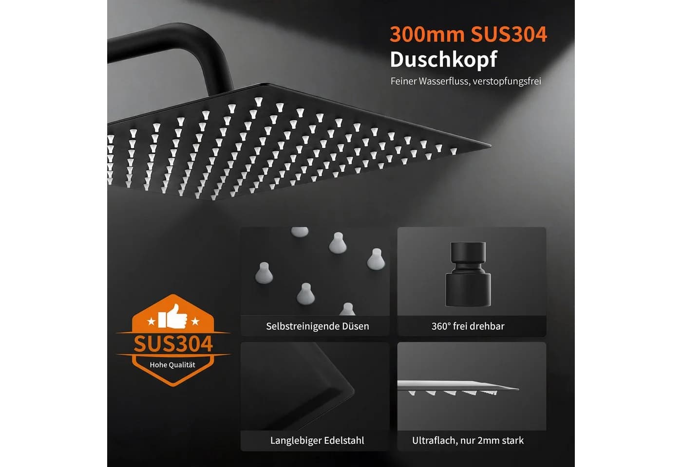 HOMELODY Duschsystem Schwarz mit 30 cm Regendusche und Ablage - Bild 5