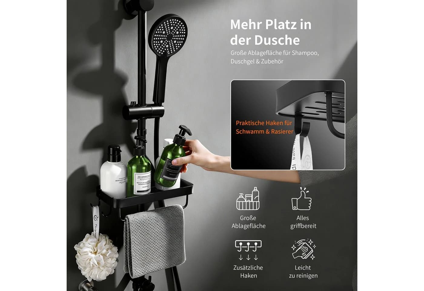 HOMELODY Duschsystem 30 cm Regendusche Schwarz mit Ablage - Bild 3