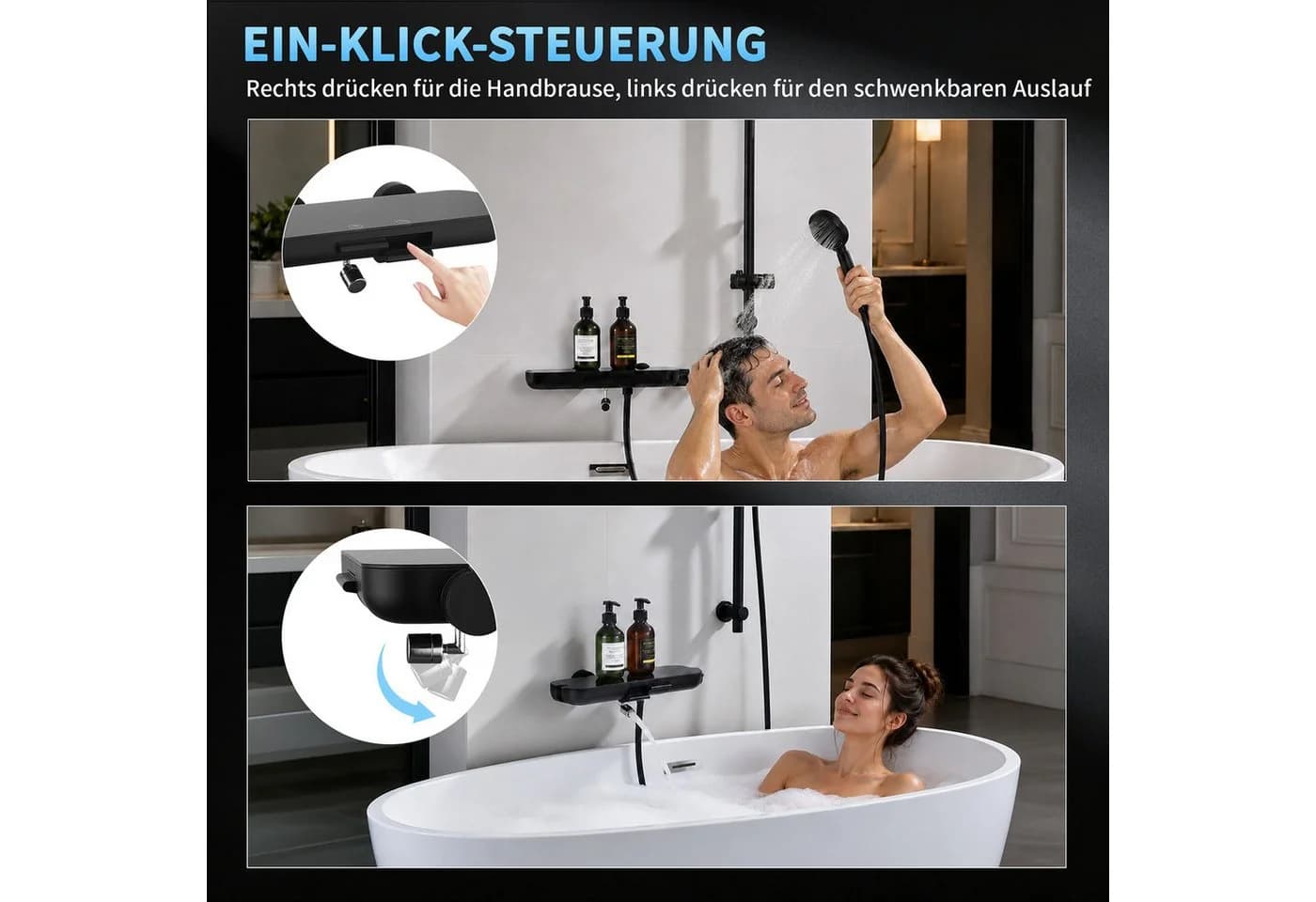HOMELODY Brausegarnitur Badewannenarmatur Duschset mit Ablage Schwarz - Bild 3