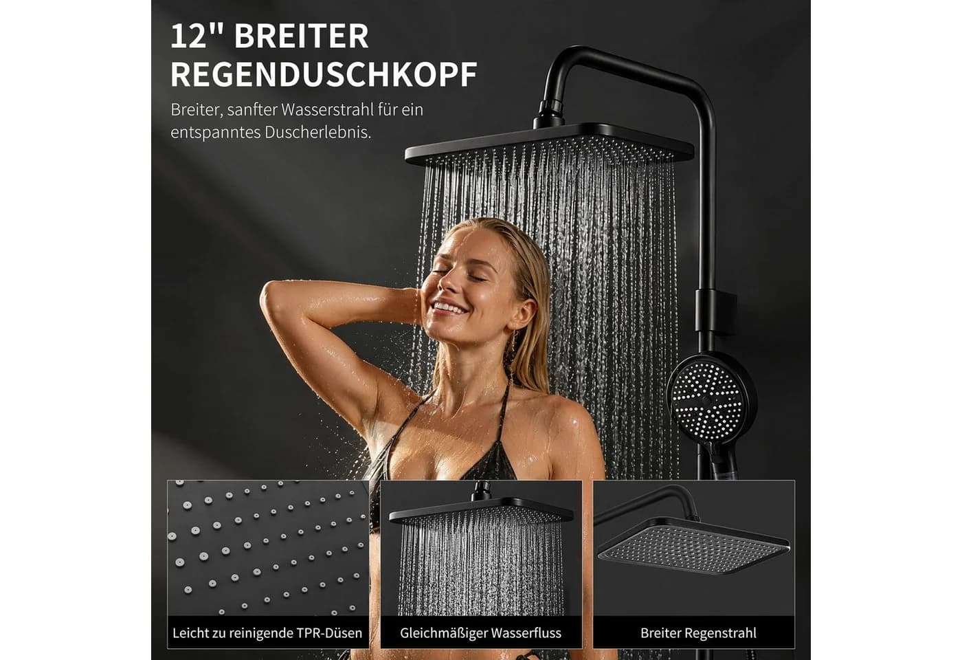 HOMELODY Duschsystem mit Badewannenarmatur, 30x20 cm Regendusche, Schwarz - Bild 3