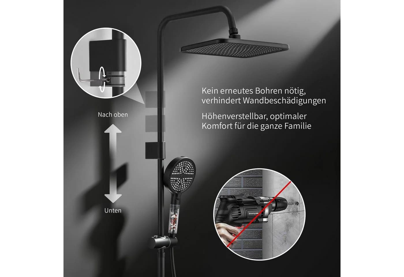 HOMELODY Duschsystem mit Badewannenarmatur, 30x20 cm Regendusche, Schwarz - Bild 4