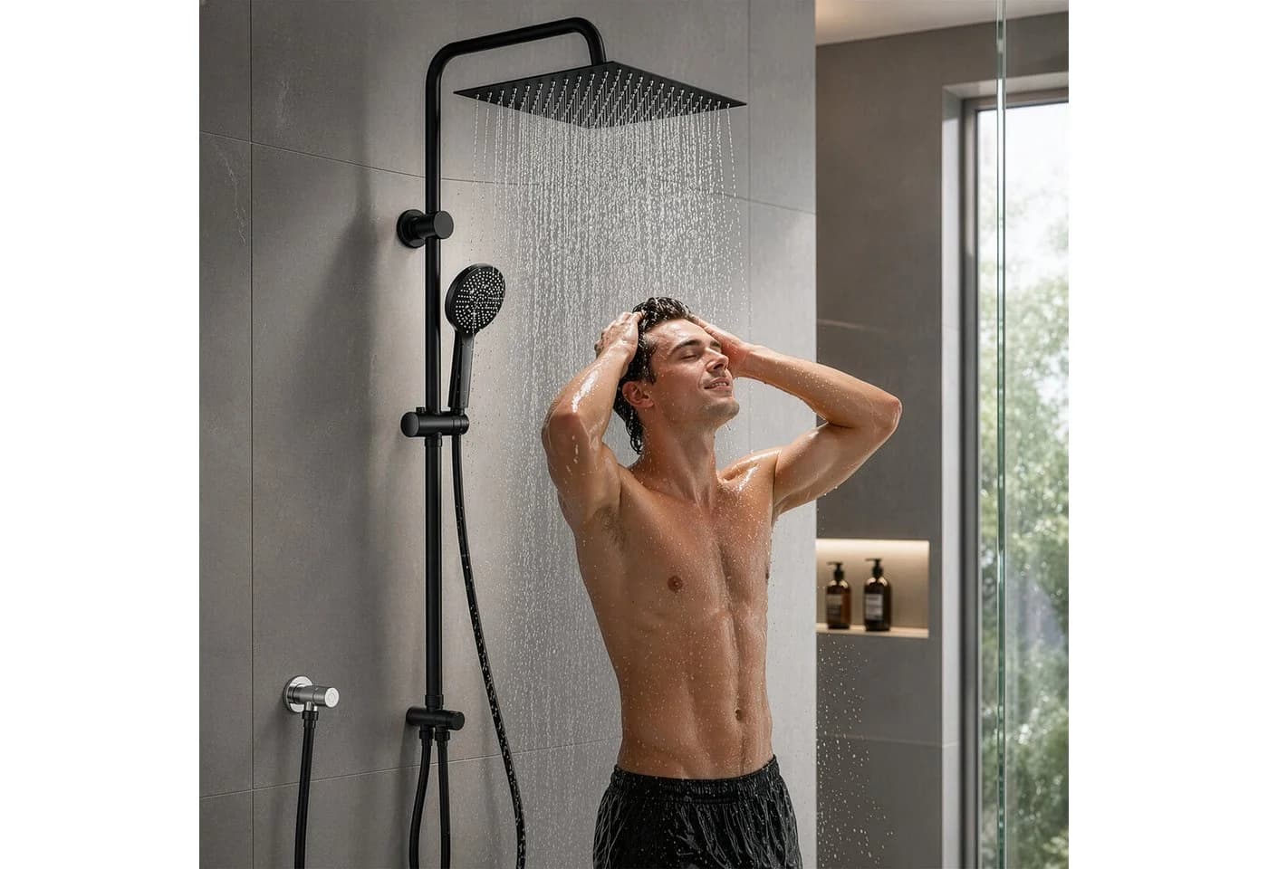 HOMELODY Duschsystem Schwarz 30cm Regendusche SUS304 Edelstahl höhenverstellbar - Bild 2