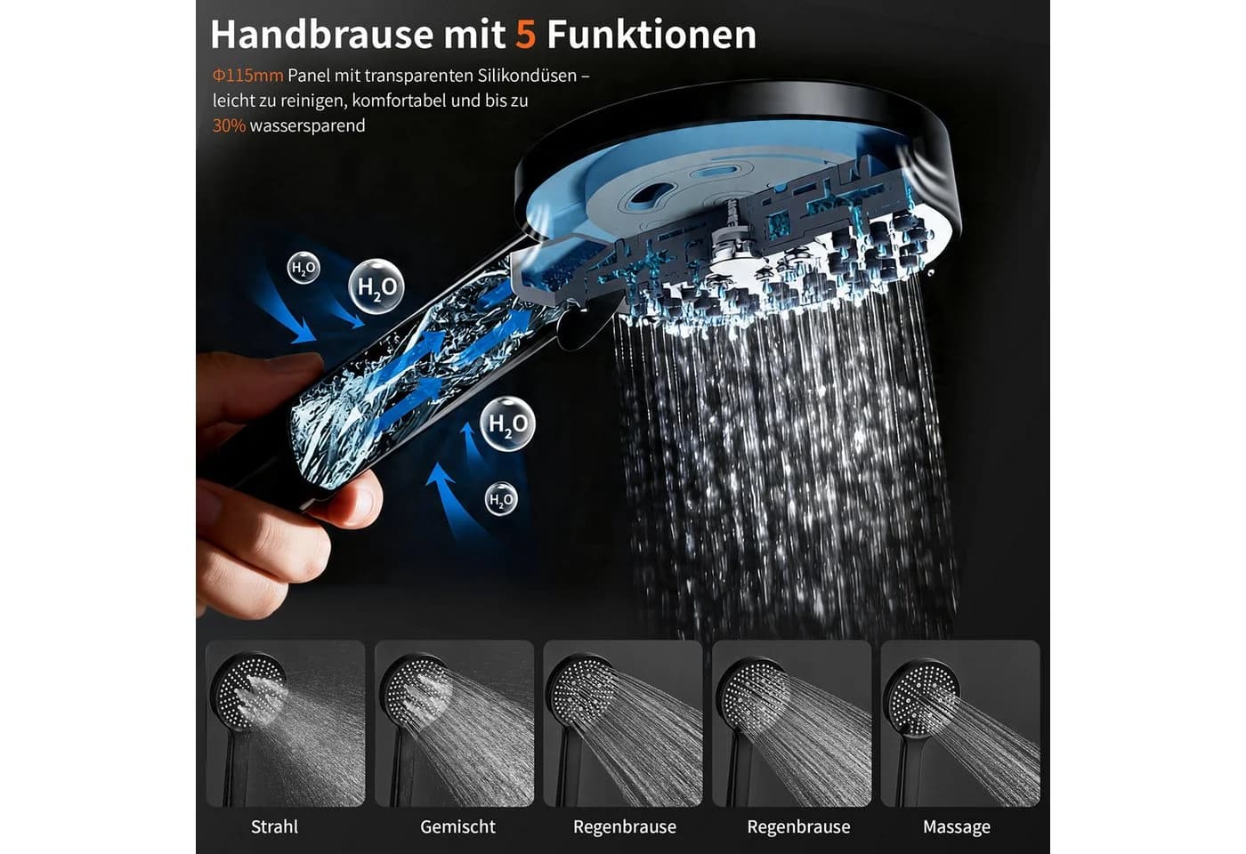 HOMELODY Duschsystem Schwarz 30cm Regendusche SUS304 Edelstahl höhenverstellbar - Bild 5