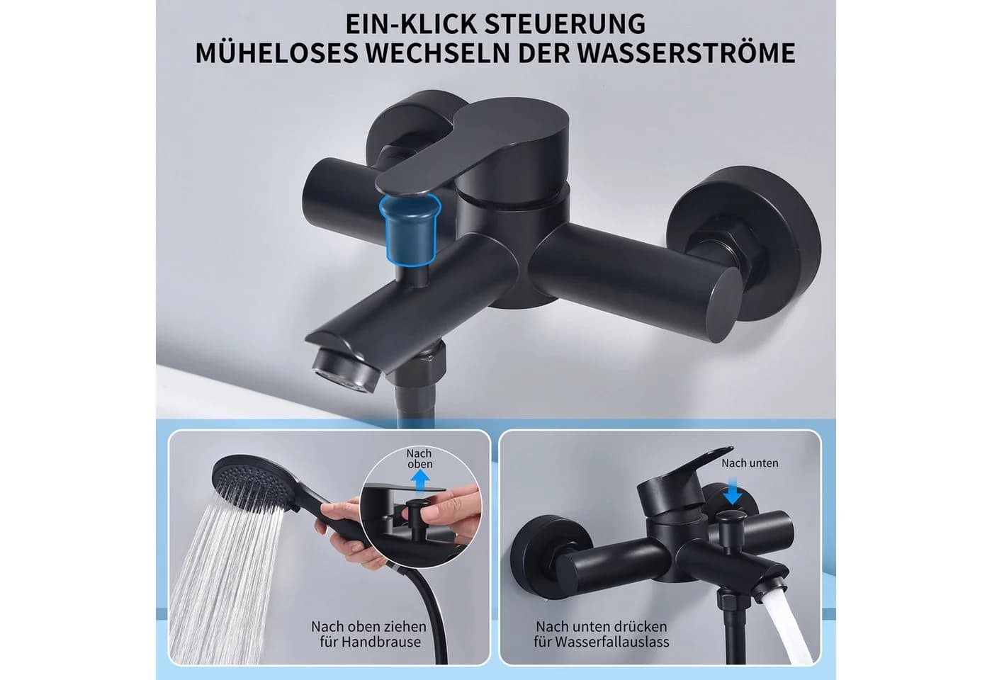 DESFAU Badewannenarmatur Set Schwarz mit 4-strahliger Handbrause - Bild 3