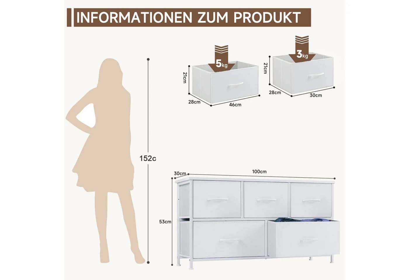 Refined Living Kommode 5 Schubladen Weiß Stahlrahmen