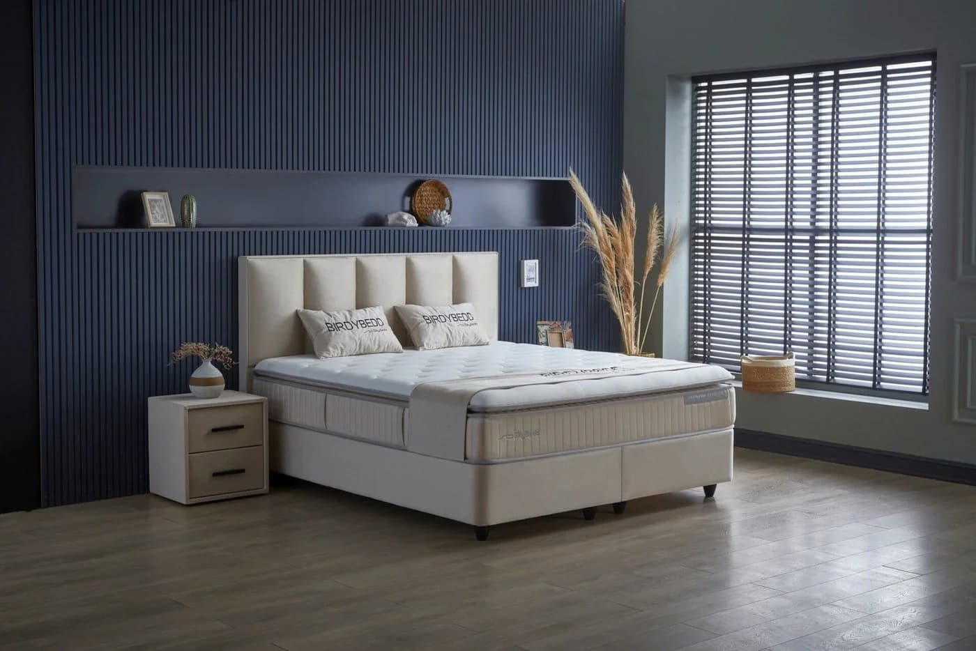 Gowoll Boxspringbett BIRDY Beige mit Matratze und gepolstertem Kopfteil