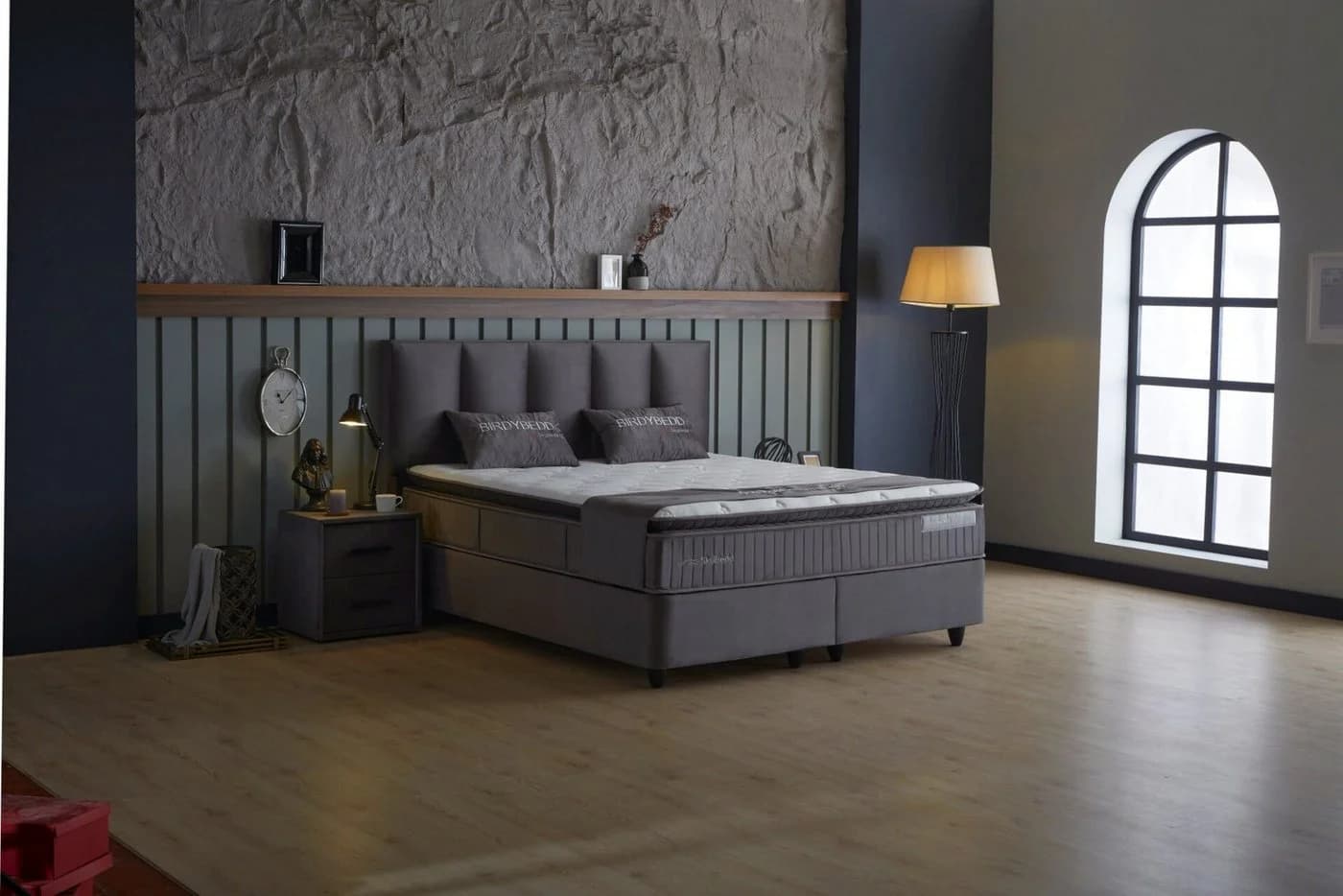 Gowoll Boxspringbett BIRDY Grau mit Matratze und gepolstertem Kopfteil