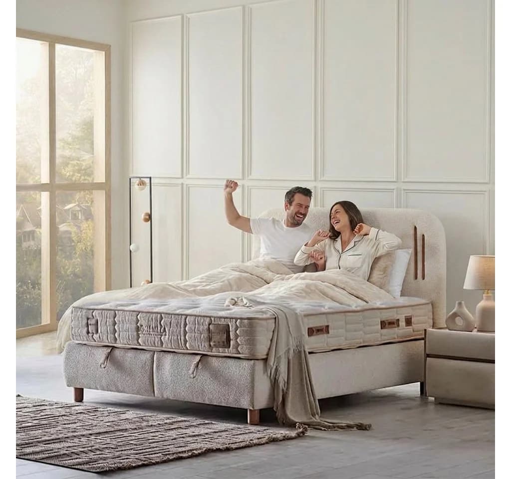 Bambi Boxspringbett Beige mit Wendematratze und Stauraum