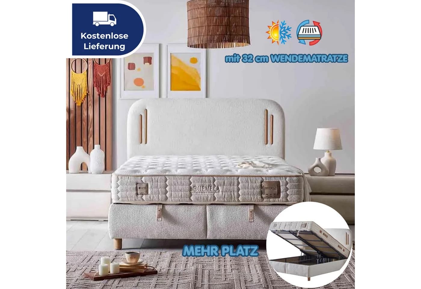 Bambi Boxspringbett Beige mit Wendematratze und Stauraum - Bild 2