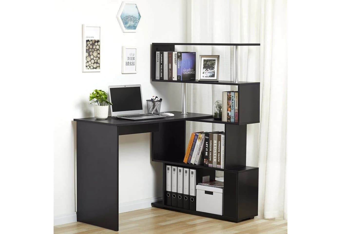 Mondeer Eckschreibtisch mit 360-Grad-Drehbarem Bücherregal 157 x 45 x 130,5 cm