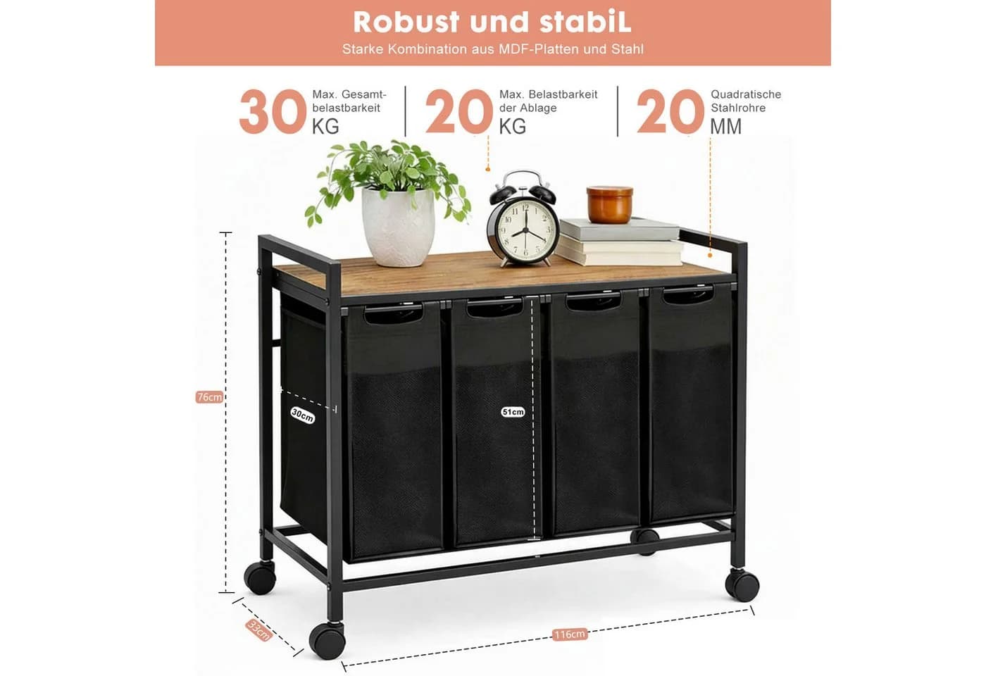 SURFOU Wäschekorb mit Rollen 4-teilig Schwarz Metallrahmen