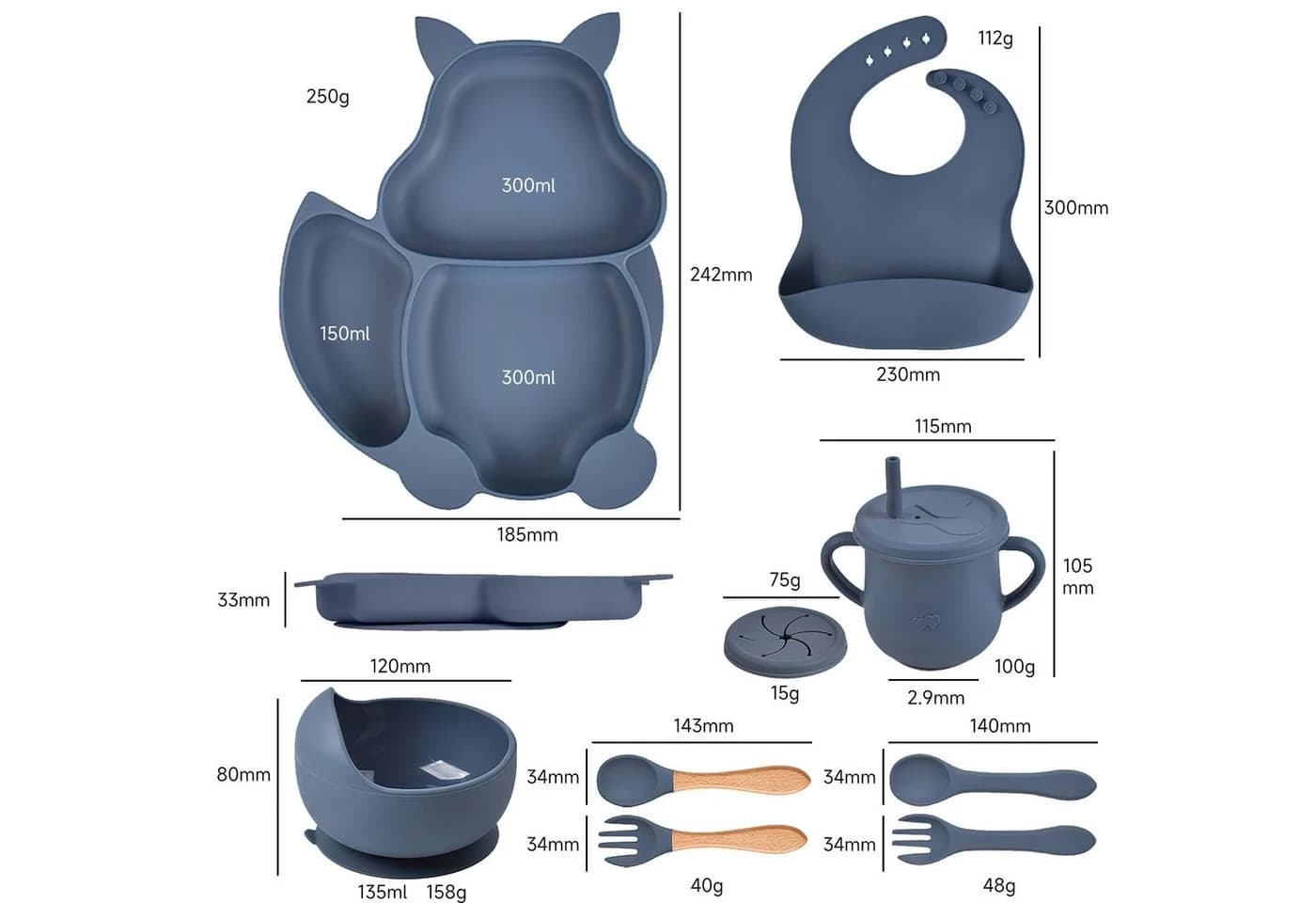AIMAX Kindergeschirr-Set 8-teilig Silikon mit Saugnapf & Holzgriffen