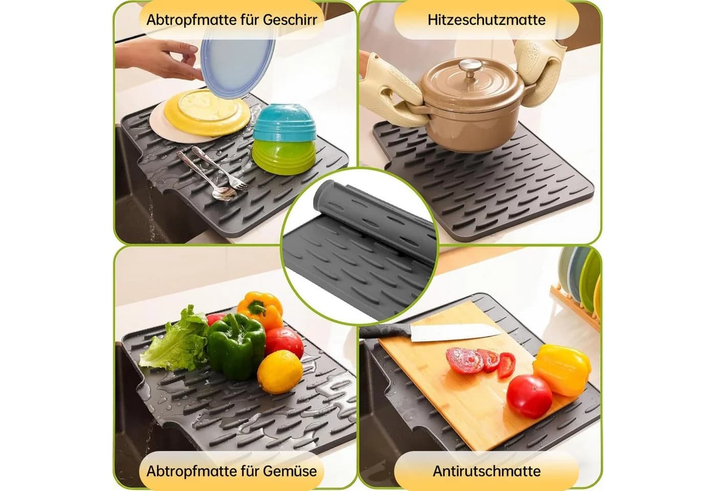 SURFOU Abtropfmatte 2er-Set Grau Silikon Auslaufsicher - Bild 3