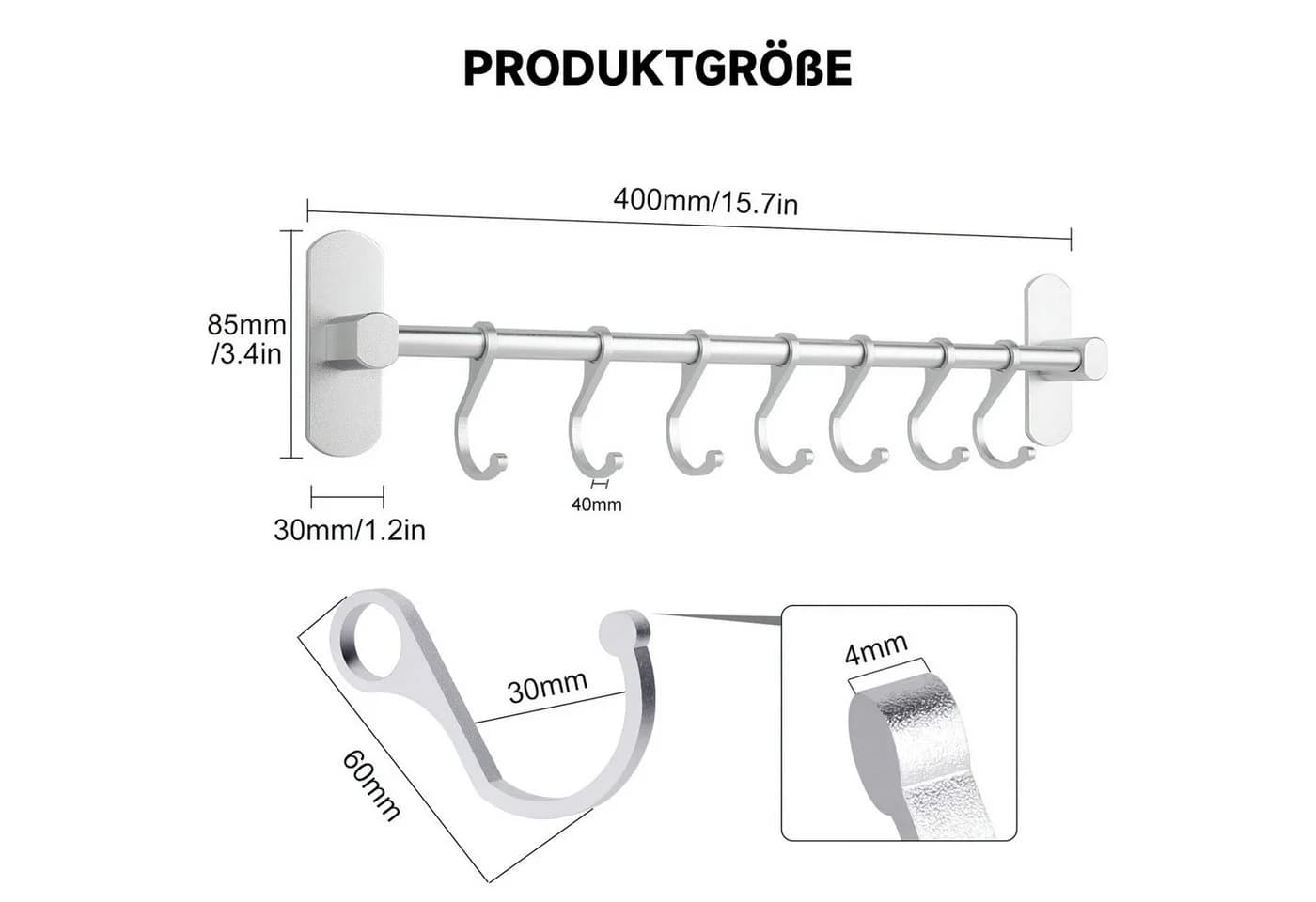 SURFOU Hakenleiste Küche Selbstklebend Aluminium 7 Haken - Bild 3