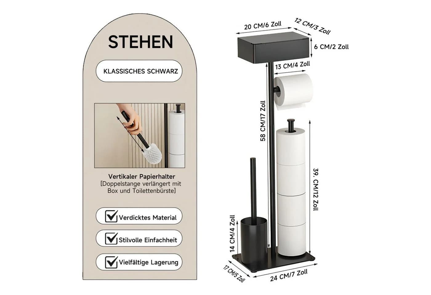 SURFOU Toilettenpapierhalter Stehend mit Klobürste & Glasregal Edelstahl - Bild 4