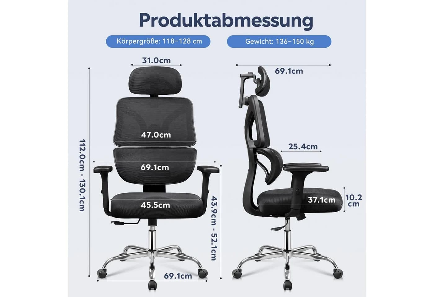 DEVAISE Bürostuhl Ergonomisch Schwarz mit 3D-Kopfstütze & 5D-Armlehnen