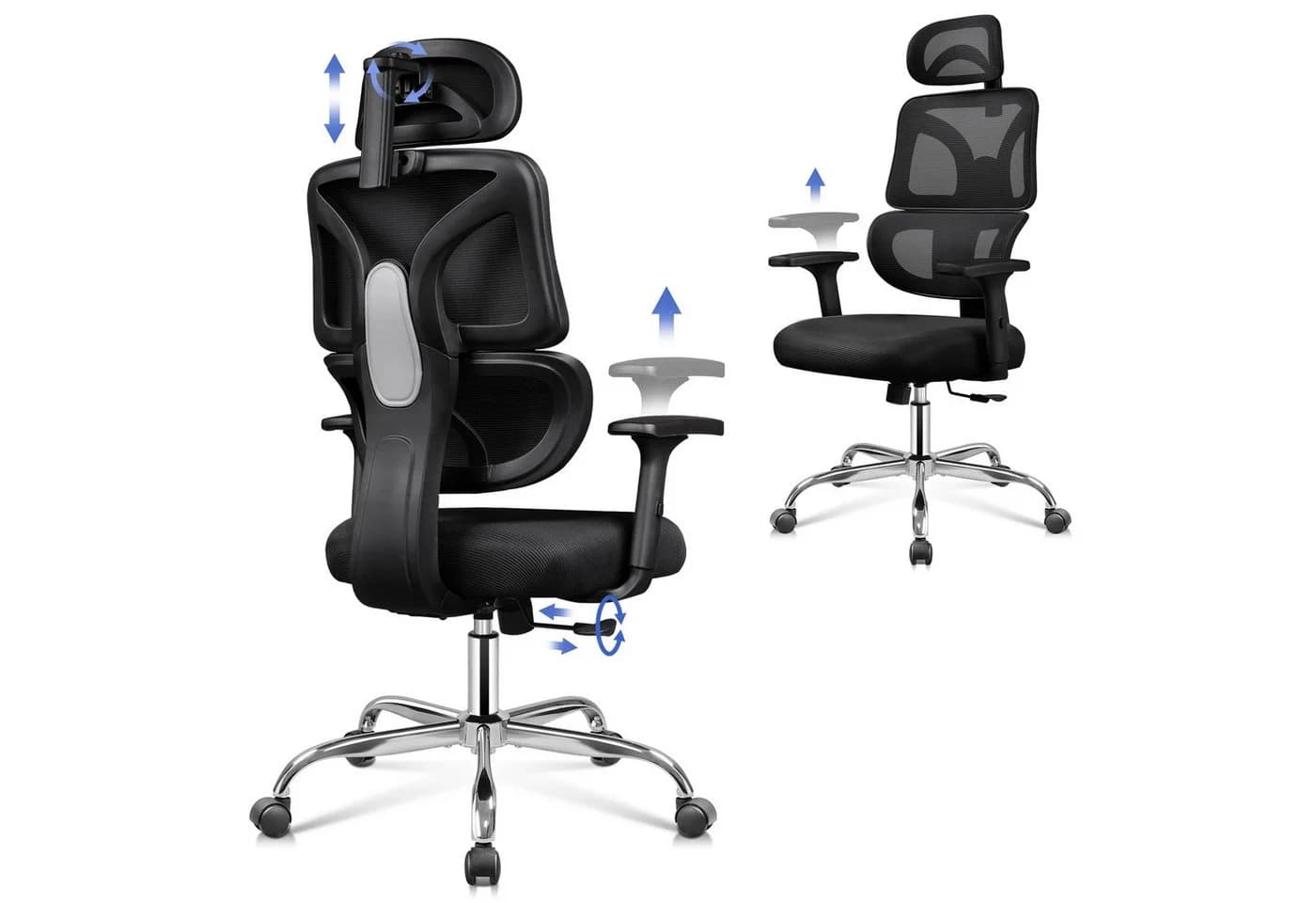 DEVAISE Bürostuhl Ergonomisch Schwarz mit 3D-Kopfstütze & 5D-Armlehnen - Bild 2