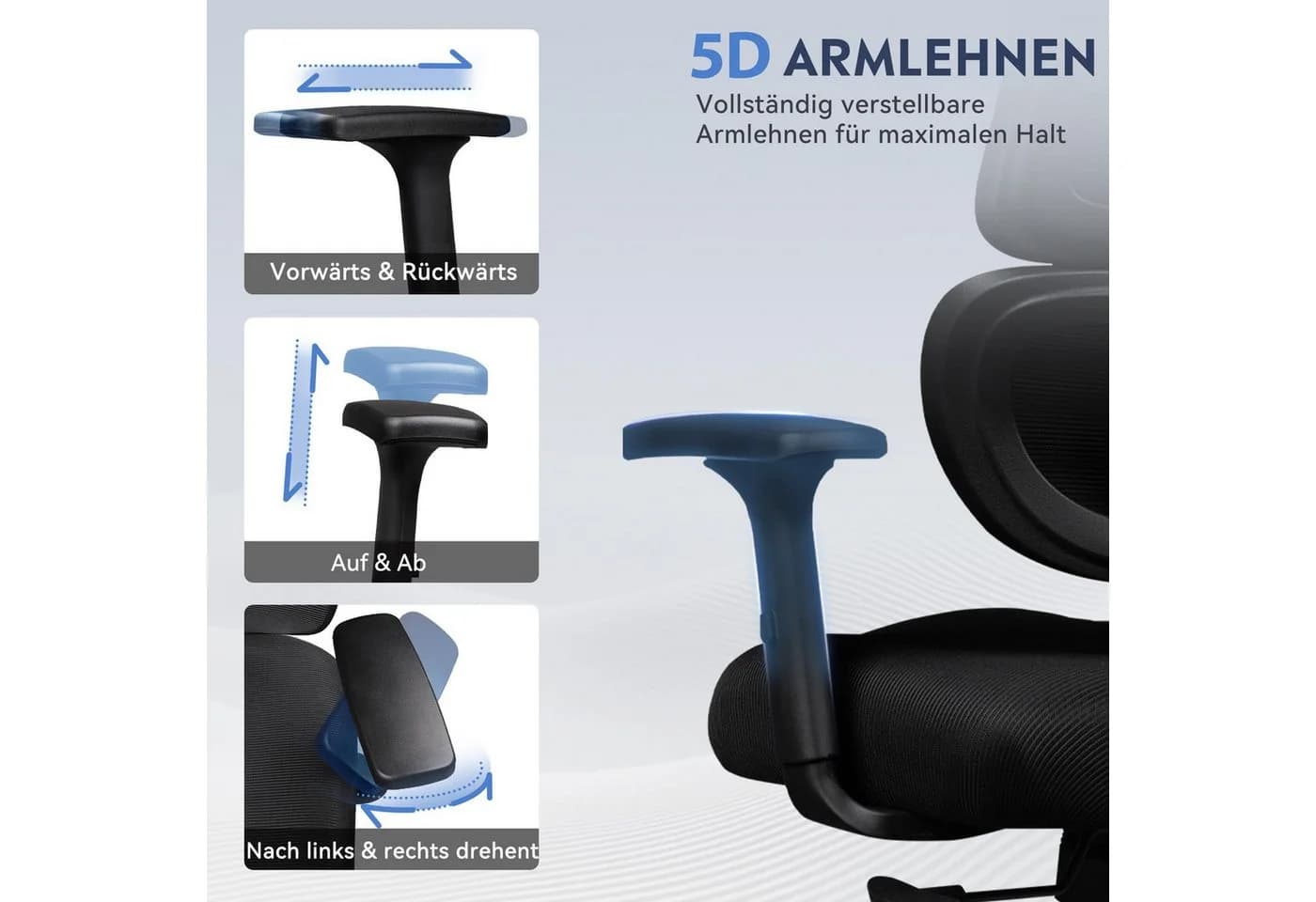 DEVAISE Bürostuhl Ergonomisch Schwarz mit 3D-Kopfstütze & 5D-Armlehnen - Bild 4