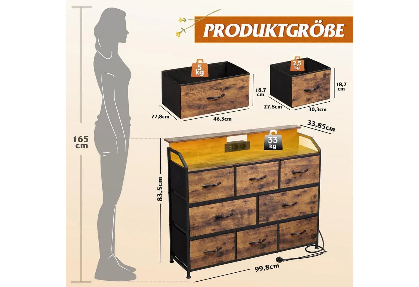 WLIVE Kommode mit 8 Stoffschubladen, LED-Beleuchtung und Ladestation - Bild 3