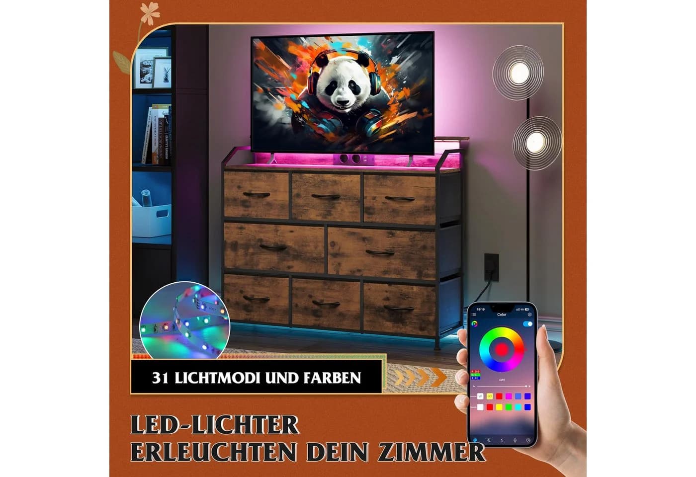 WLIVE Kommode mit 8 Stoffschubladen, LED-Beleuchtung und Ladestation - Bild 4