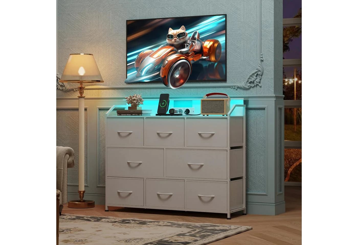 WLIVE Kommode mit 8 Stoffschubladen, LED-Beleuchtung und Ladestation