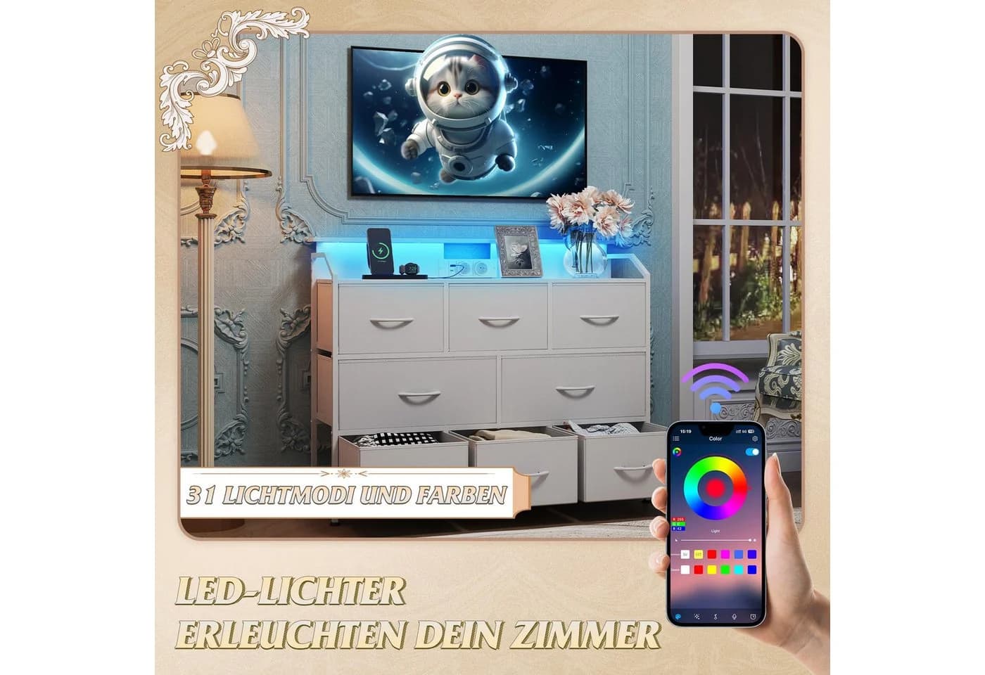 WLIVE Kommode mit 8 Stoffschubladen, LED-Beleuchtung und Ladestation - Bild 3