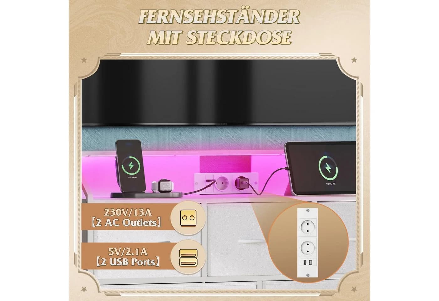 WLIVE Kommode mit 8 Stoffschubladen, LED-Beleuchtung und Ladestation - Bild 4