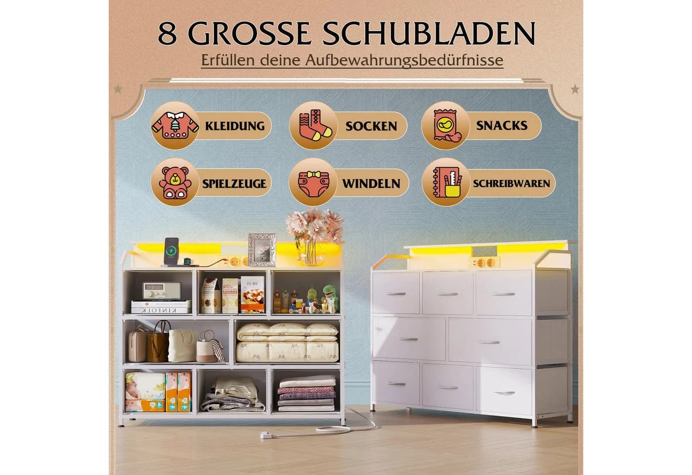 WLIVE Kommode mit 8 Stoffschubladen, LED-Beleuchtung und Ladestation - Bild 5