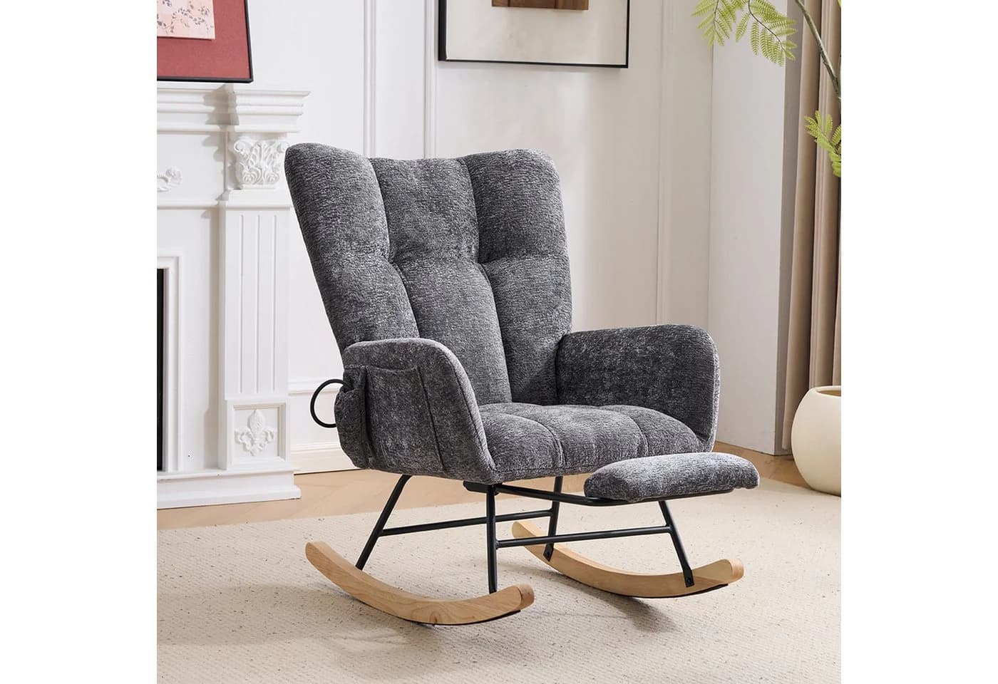 Vankel Schaukelstuhl Relaxsessel Chenille Grau mit Fußstütze & Stauraum - Bild 2