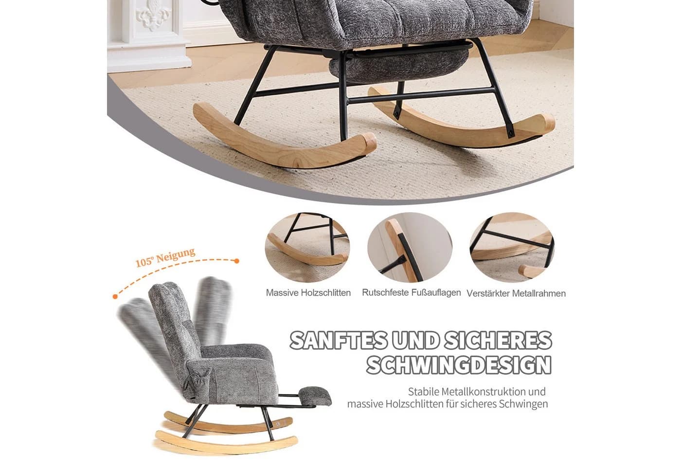 Vankel Schaukelstuhl Relaxsessel Chenille Grau mit Fußstütze & Stauraum - Bild 3