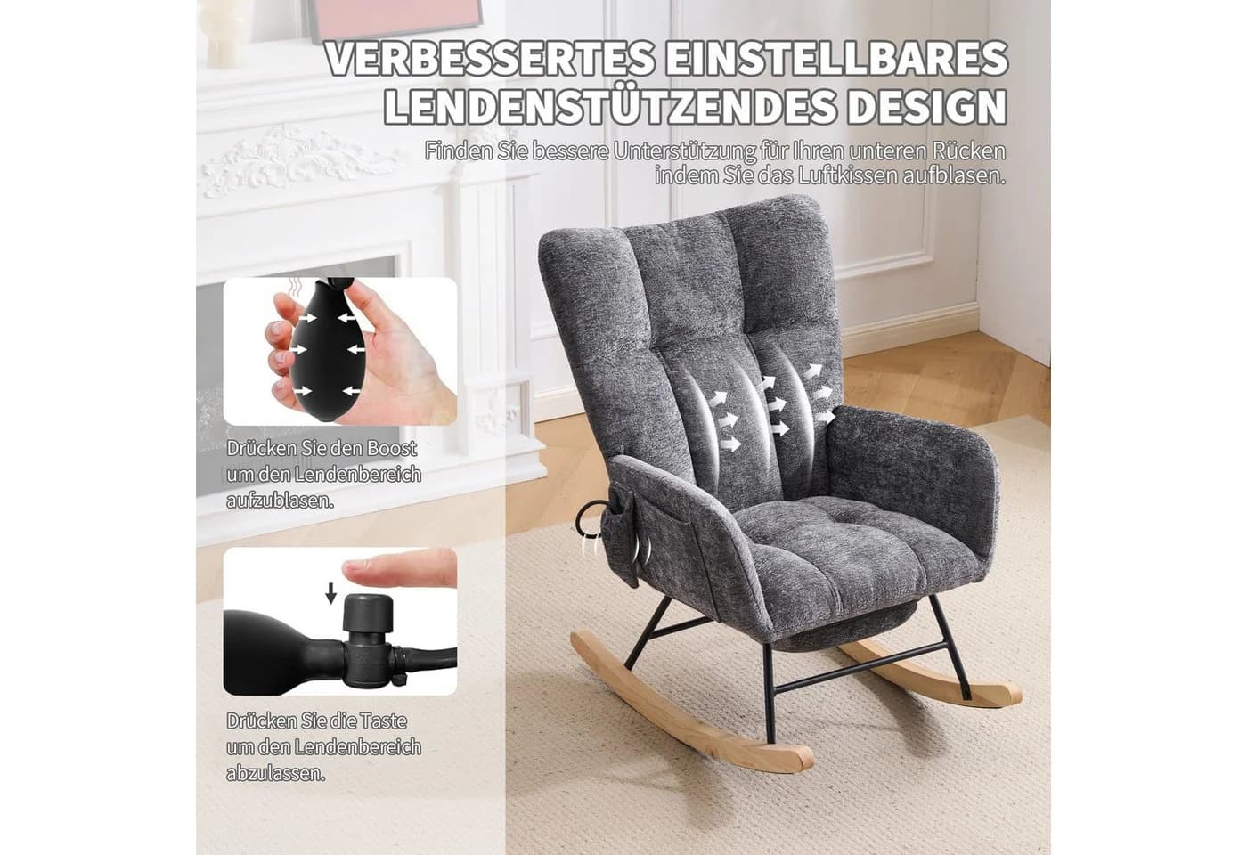 Vankel Schaukelstuhl Relaxsessel Chenille Grau mit Fußstütze & Stauraum - Bild 4