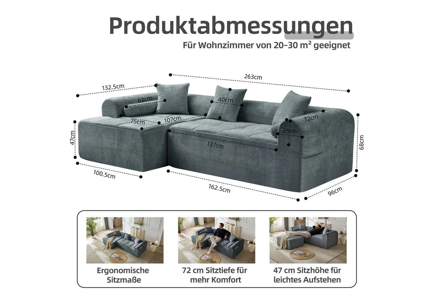 Sinaopus Ecksofa Modulares Sofa aus Chenille Blau mit Komfortpolsterung - Bild 5