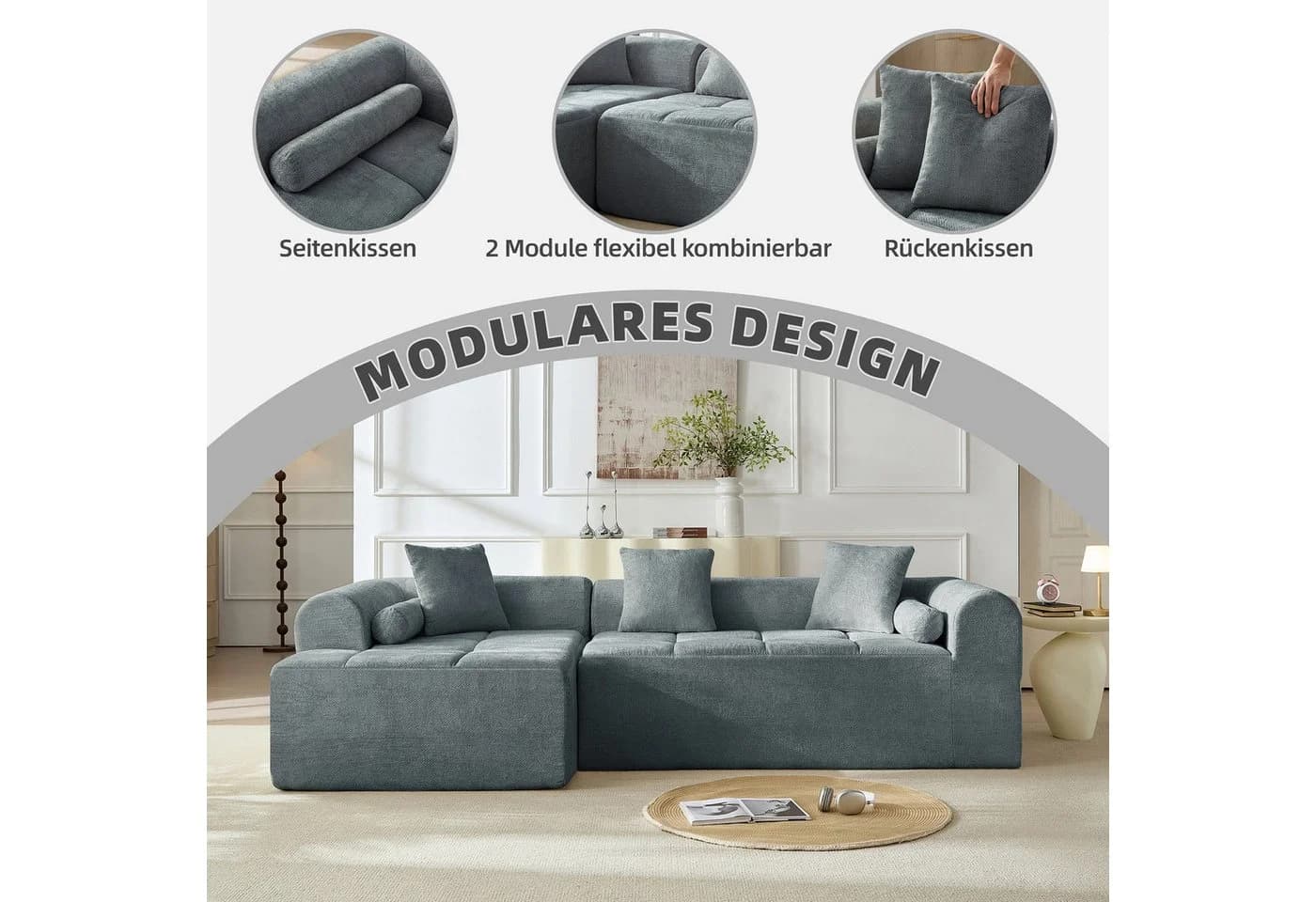 Sinaopus Ecksofa Modulsofa Chenille Blau Modernes Lounge Sofa - Bild 3