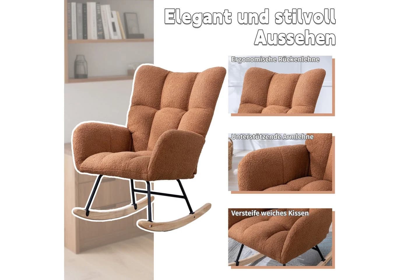 Vankel Schaukelstuhl mit Teddybezug und ergonomischem Design - Bild 5