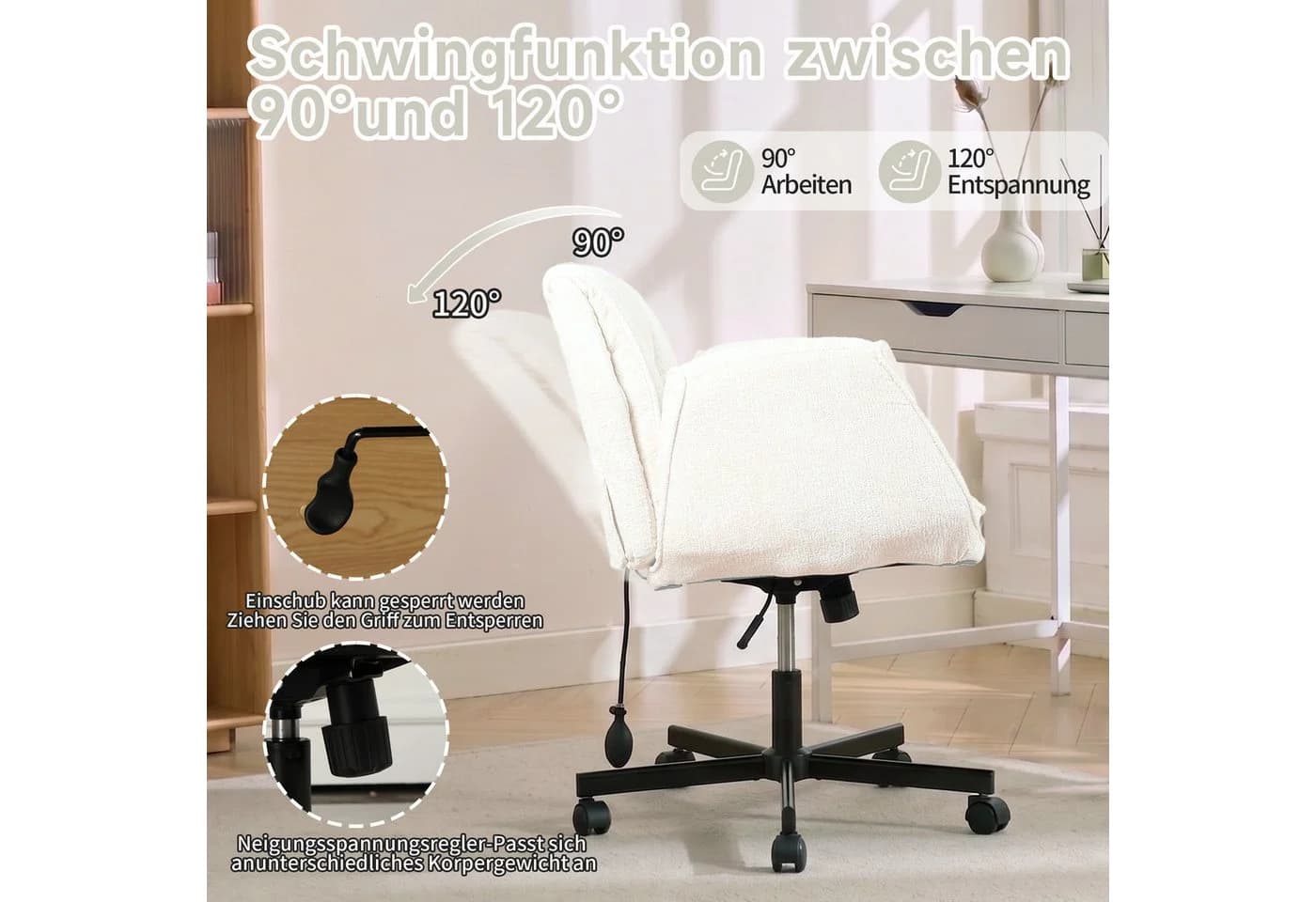 Vankel Bürostuhl Chenille Bezug 5-fach verstellbare Armlehnen weiß - Bild 3