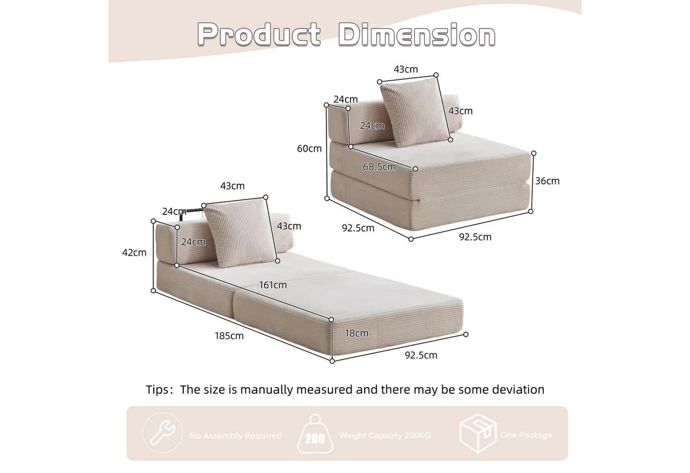 CANMOV Sofa-Bett mit Getränkehaltern und Cordbezug Beige